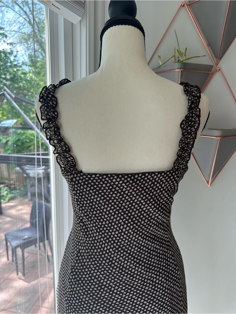 VINTAGE Mandee Bias Cut Brown Polka Dot Sleeveless Dress Lace Organza Size 4 - Picture 5 of 10